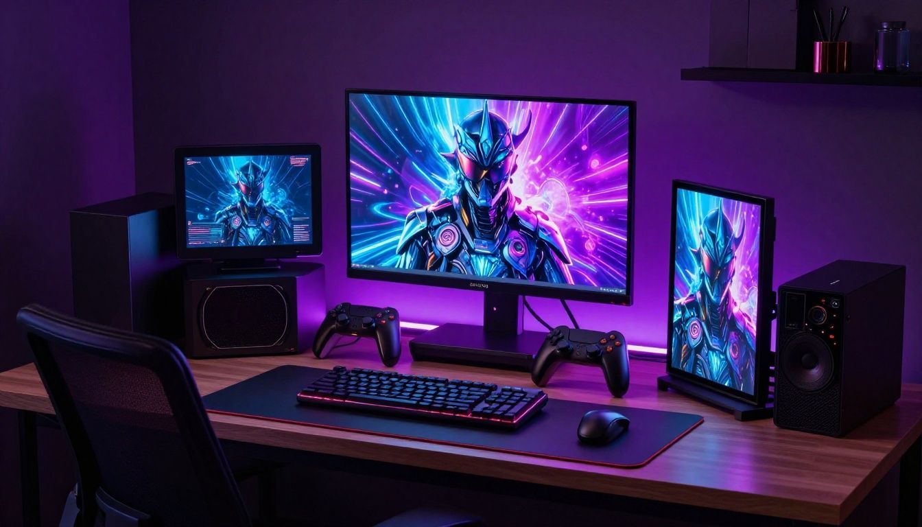 Um videogame portátil sofisticado com iluminação neon sobre uma mesa de escritório futurista