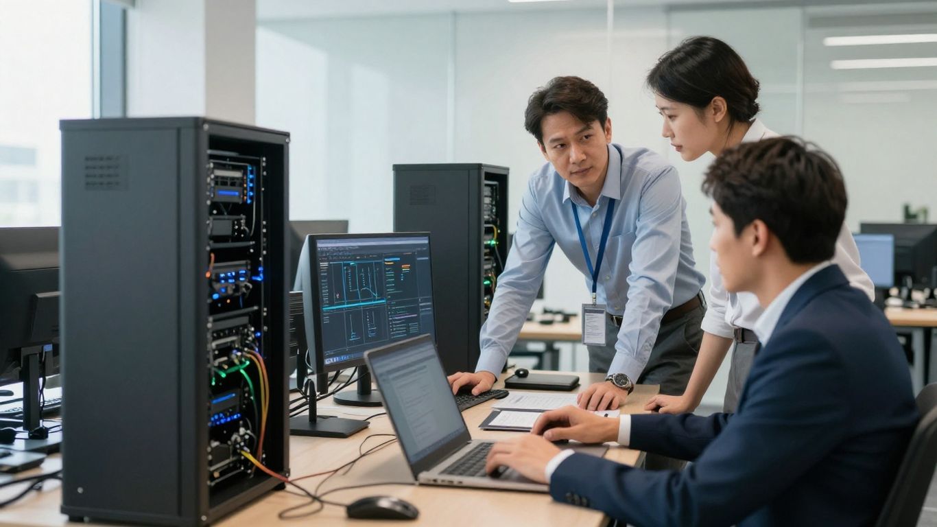 Operations team reviewing secure technology infrastructure