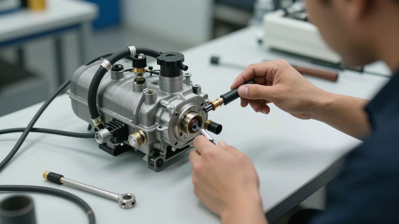 Technician inspecting Mercedes fuel pump assembly