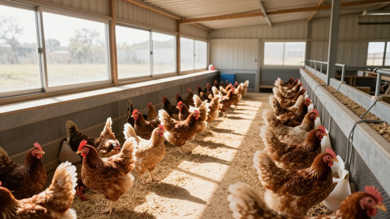 Instalações e infraestrutura de avicultura moderna e limpa.