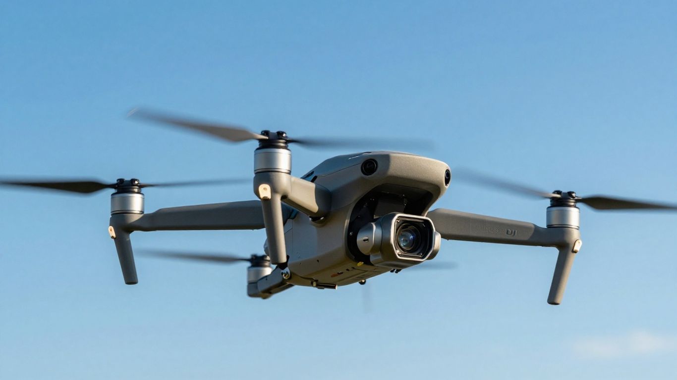DJI drone flying in a clear blue sky.