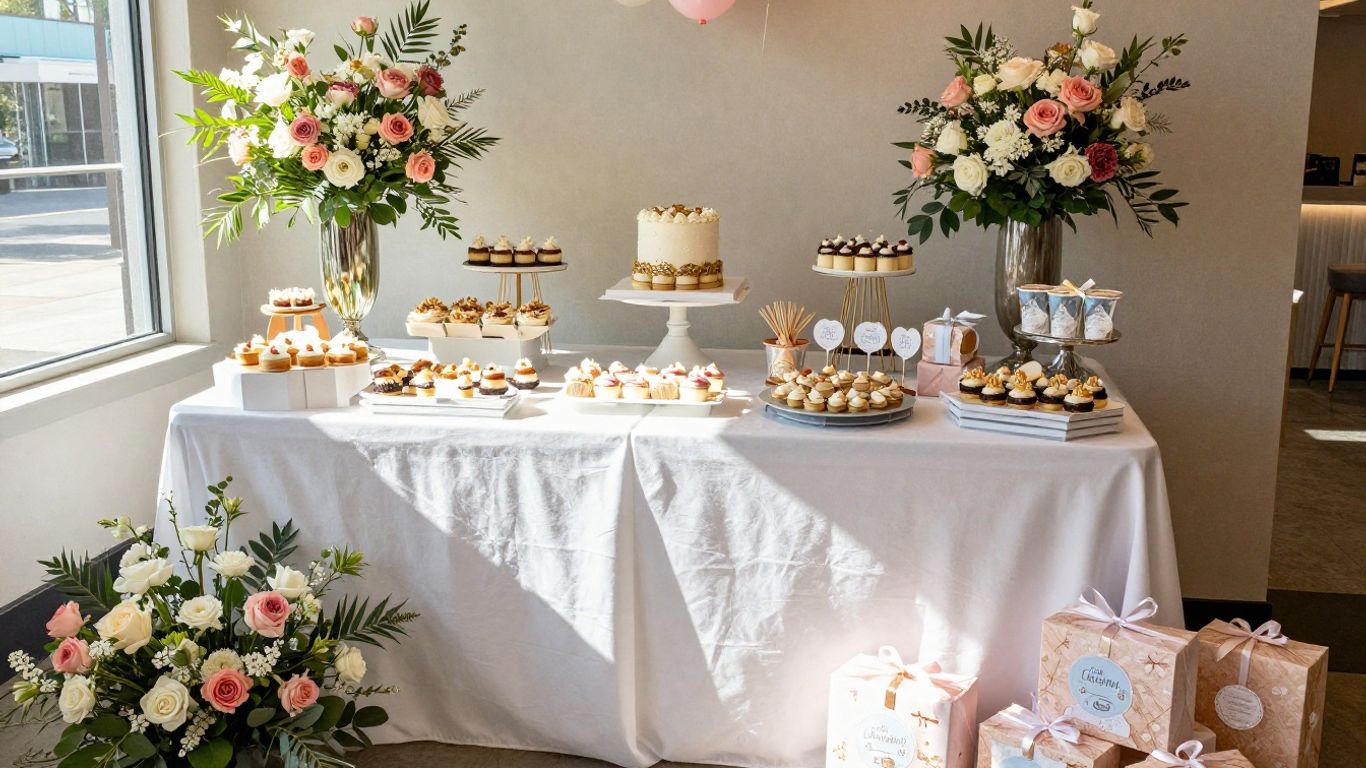 Elegant Dallas baby shower venue with decorations and gifts.