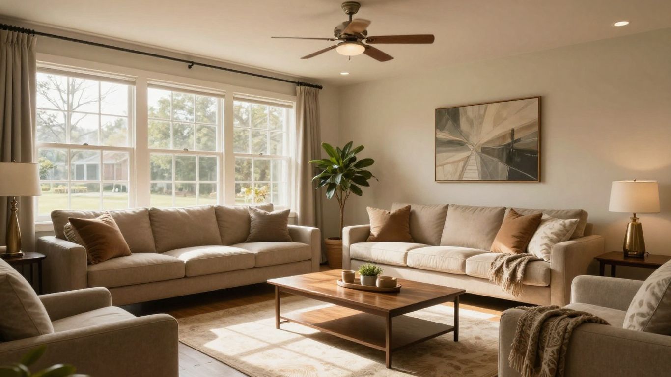 Finished basement living area with seating and warm lighting.