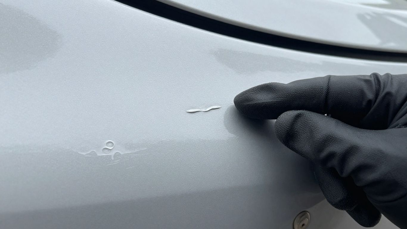 Auto mit Hagelschaden, Nahaufnahme der Delle.