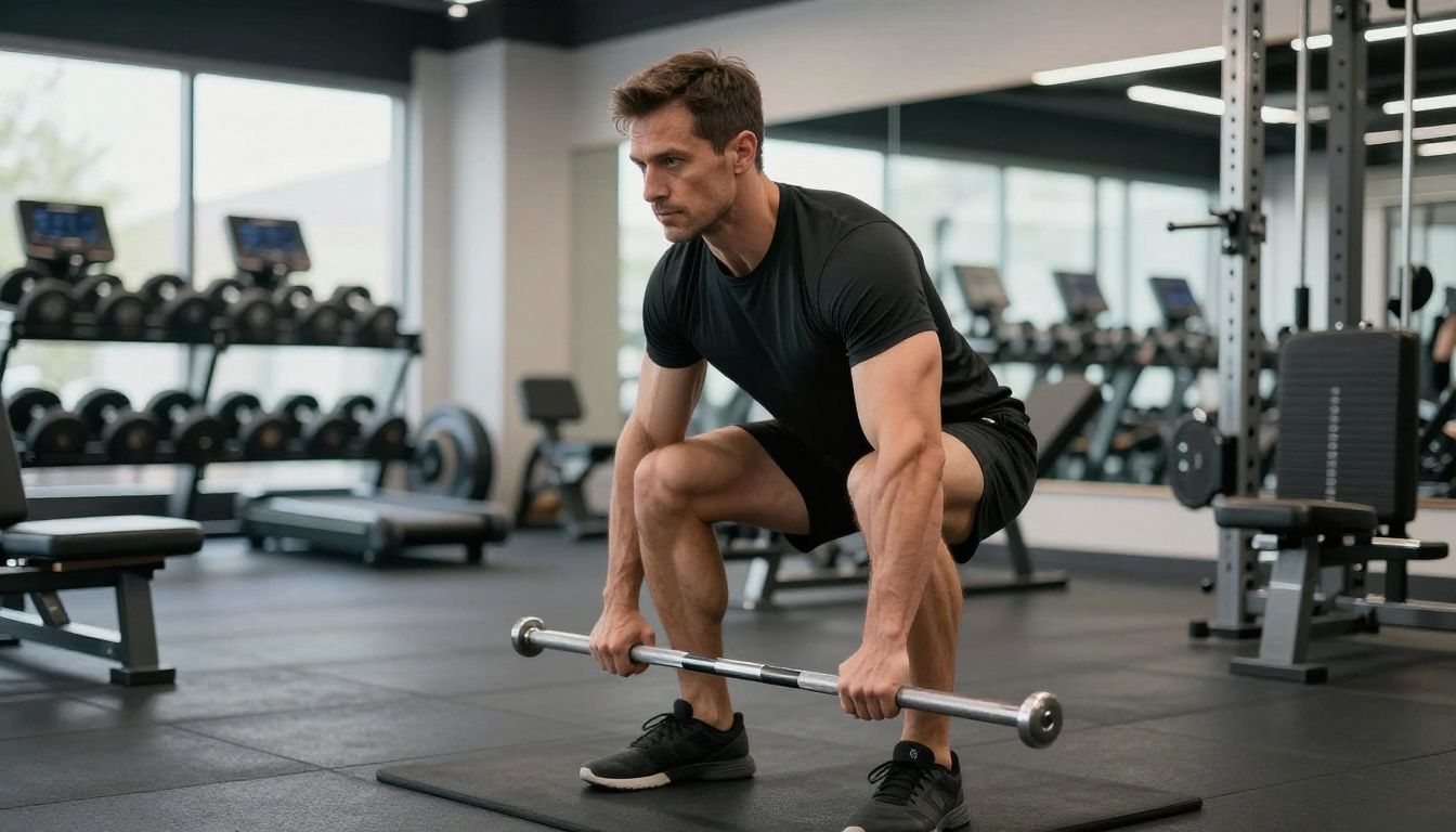 A fit, active man in his 40s executing a disciplined strength training workout in a high-end, professionally staffed men's health clinic gym.