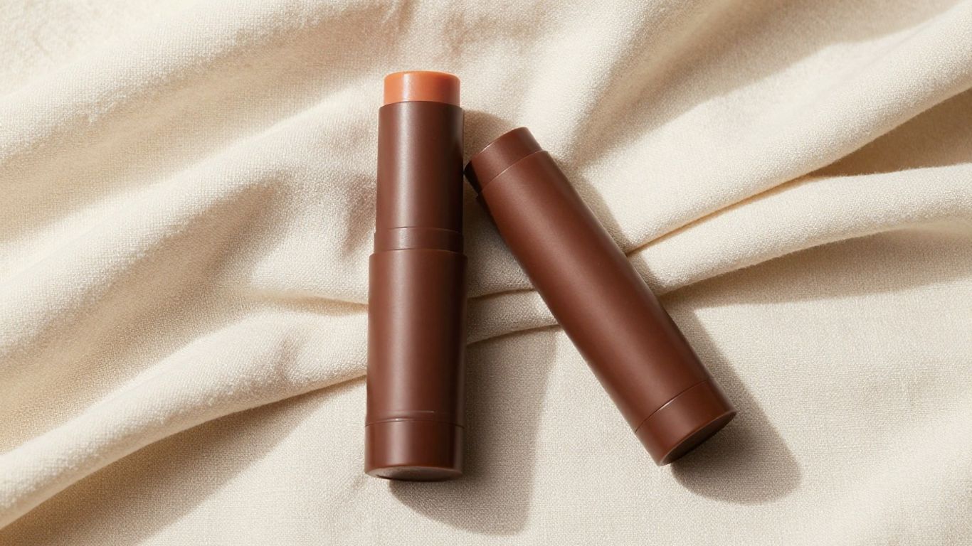 Compact mineral sunscreen stick beside dark skin tones