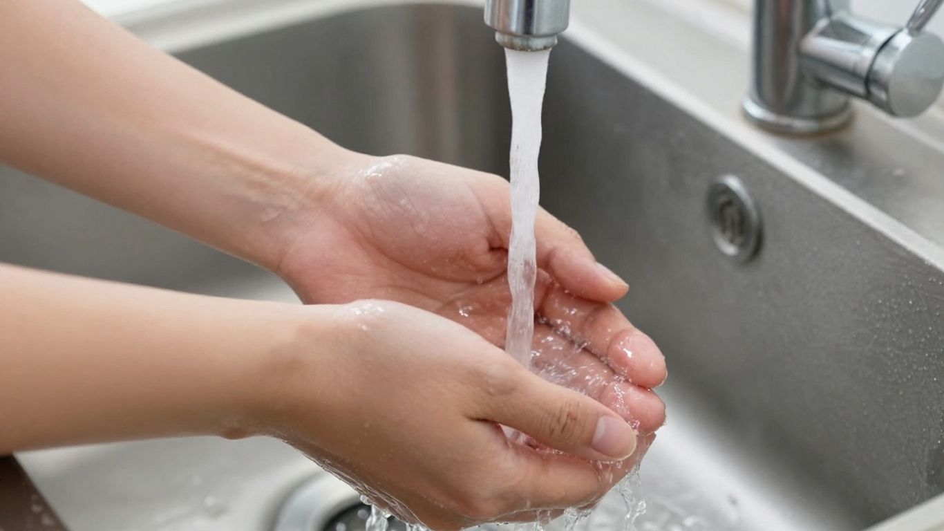 Main vaisselle : eau chaude, mitigeur, bassine pour économiser l'eau.