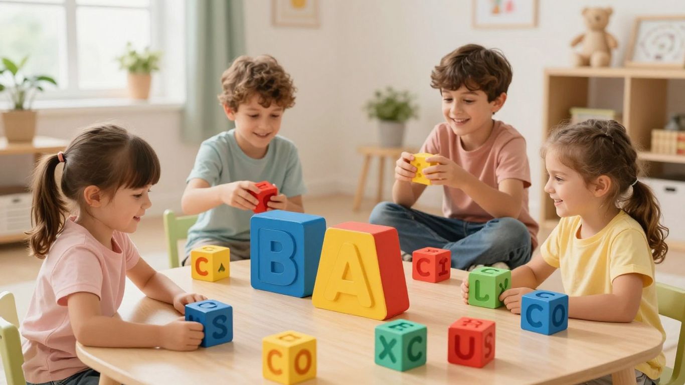 Children playing with alphabet blocks in a game setting.