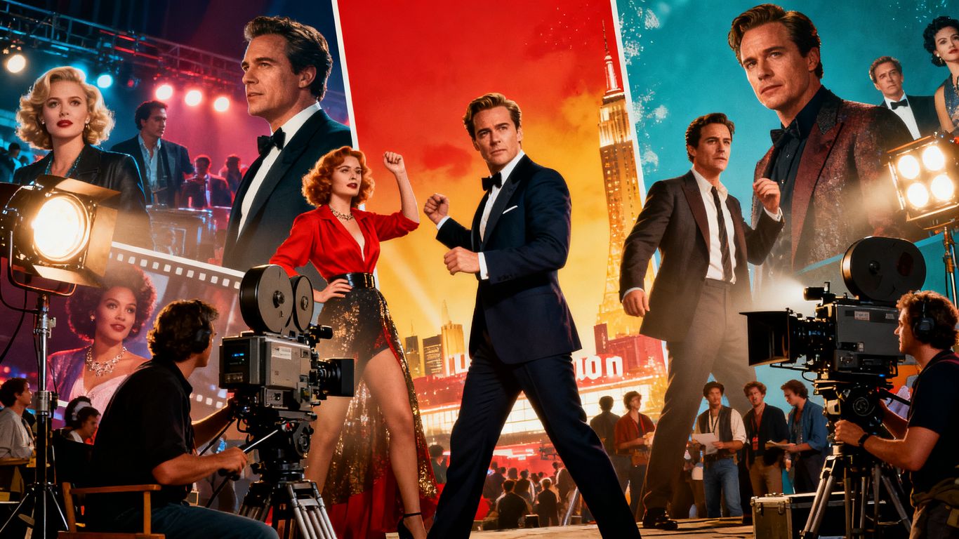 Hollywood movie posters with stars and film set elements.
