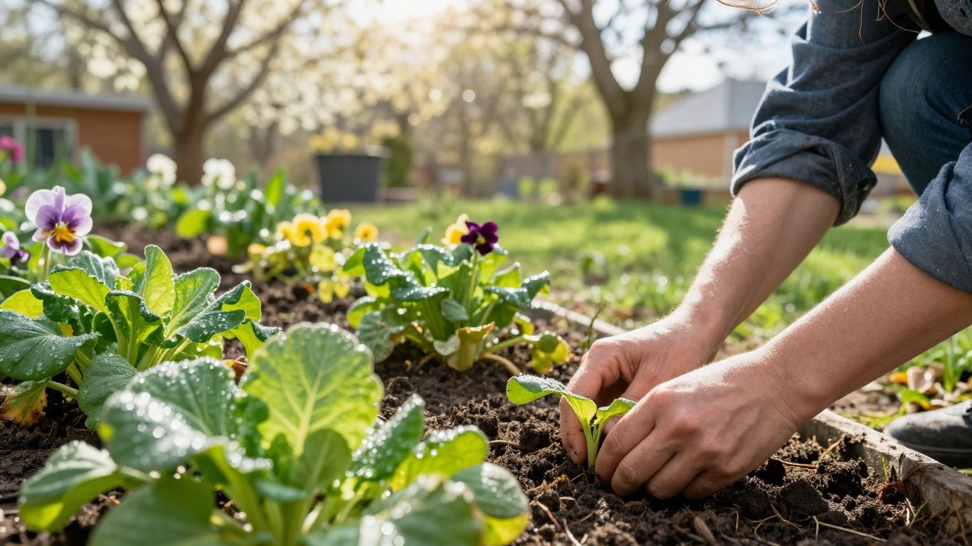 Gartenpflanzen im Frühling mit frischem Grün und Blüten.