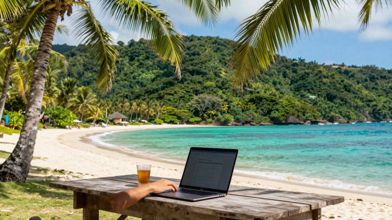 Person working on laptop on beach in Antigua.