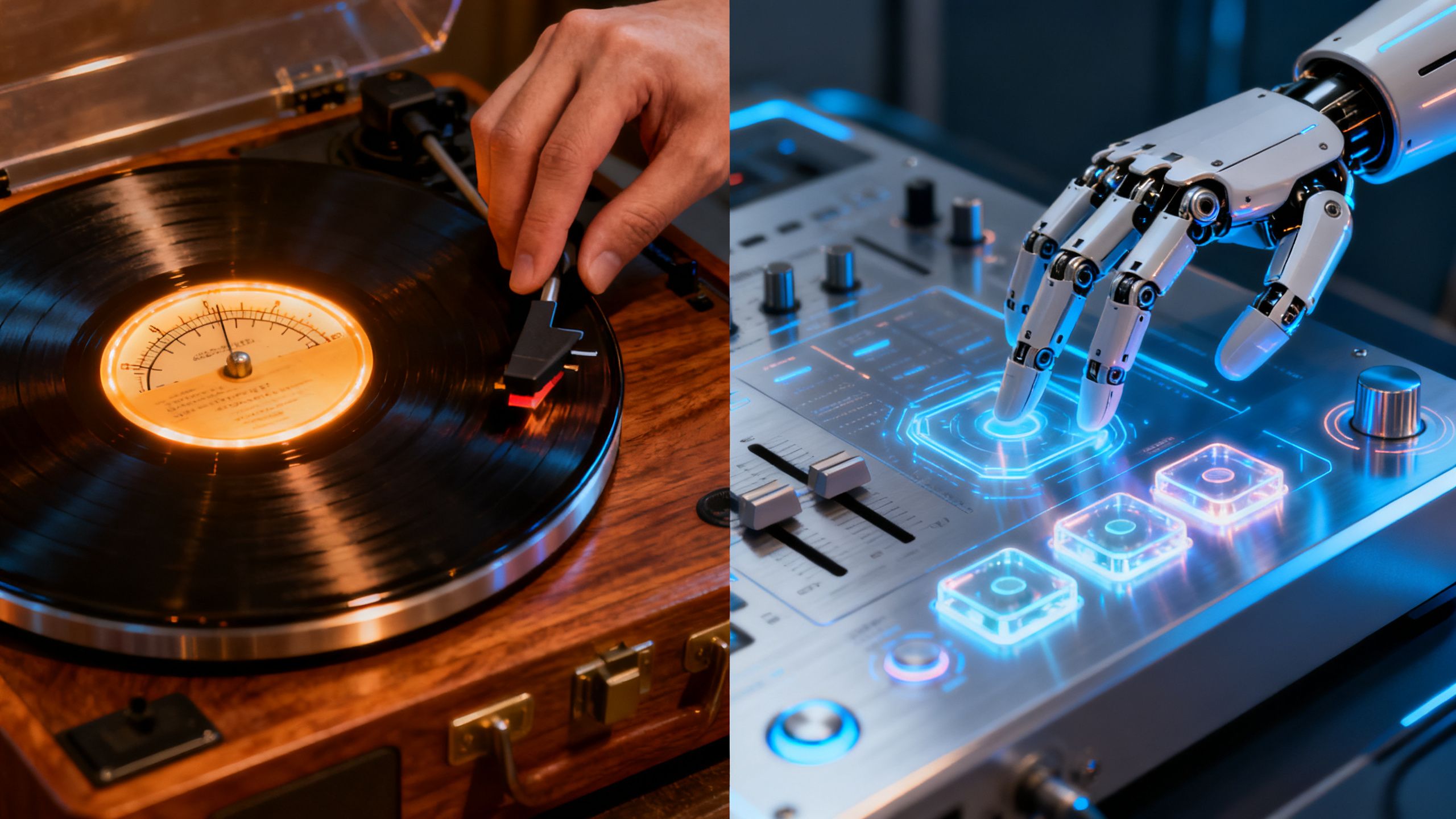 Human hand on vinyl player versus robot hand on digital interface.