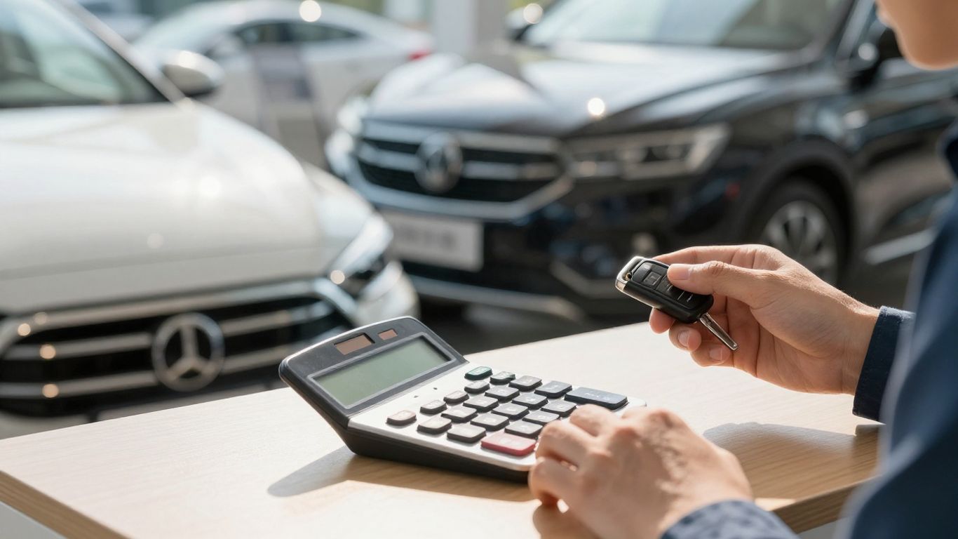 Car keys, calculator, and new car for auto loan calculation.
