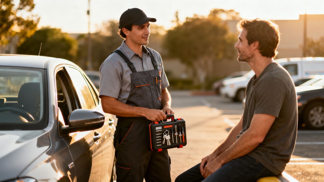 Mobile locksmith speaking with a driver near a car