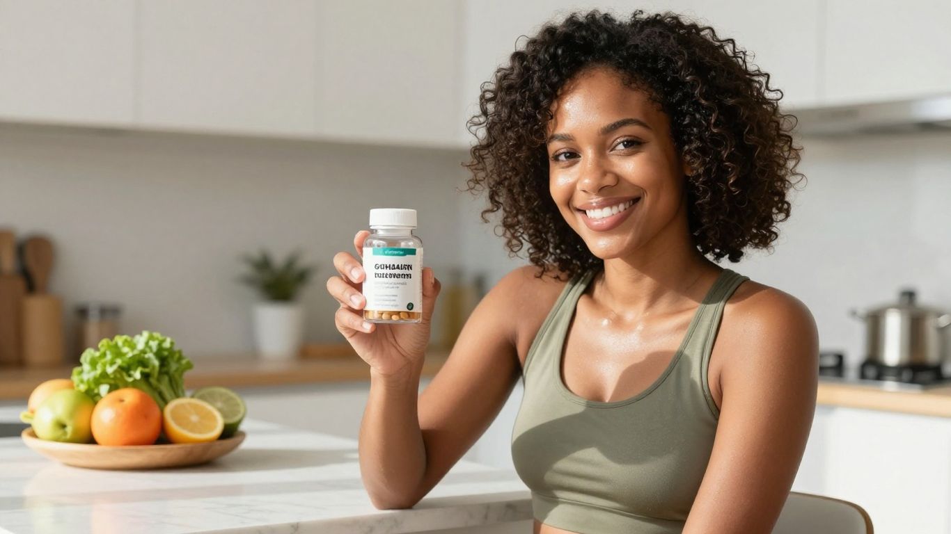 Active adult holding gut health supplement bottle.