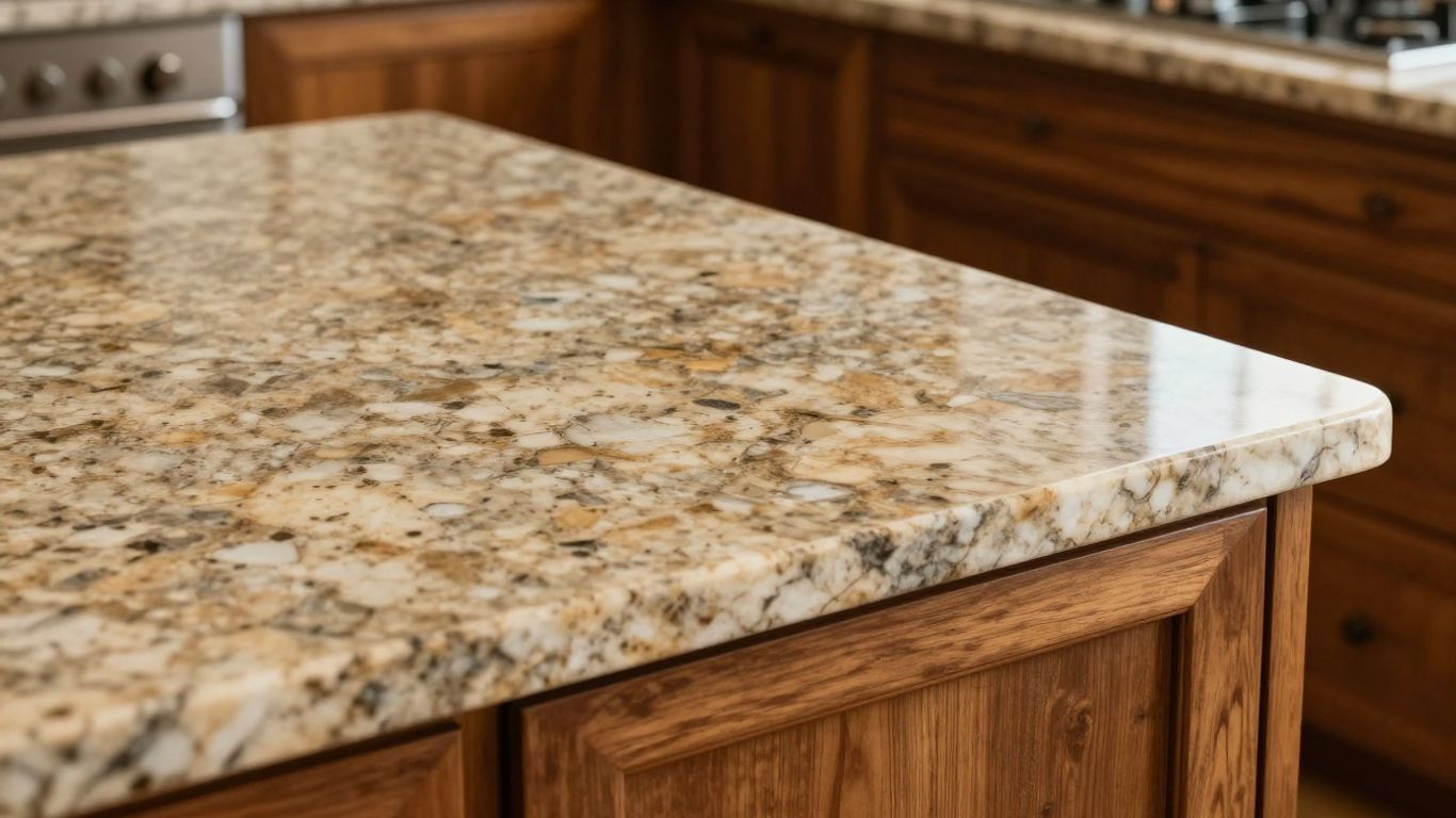 Kitchen island with speckled granite countertop