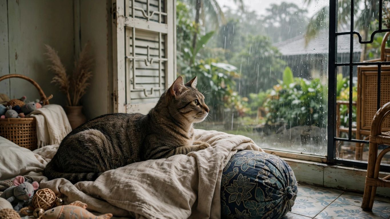 Cat watching rain from a quiet indoor retreat