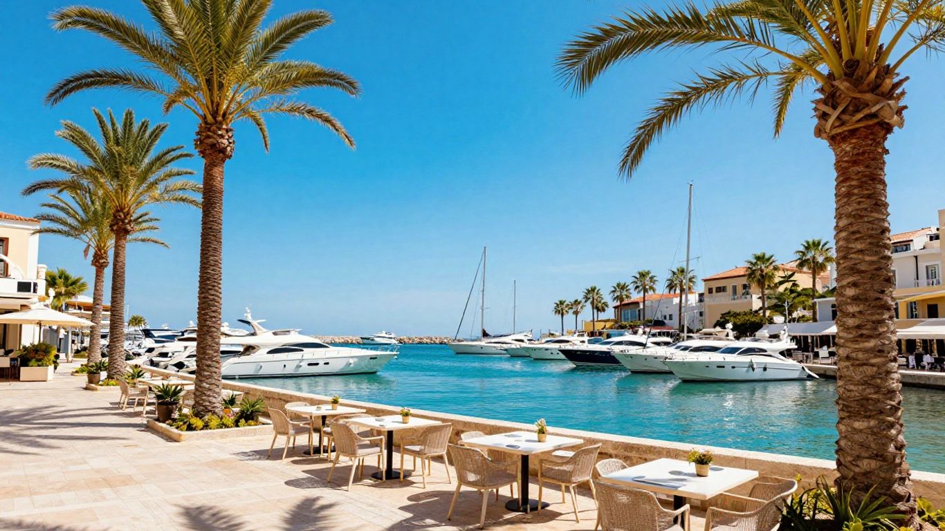 Cap d'Agde marina with yachts and palm trees.