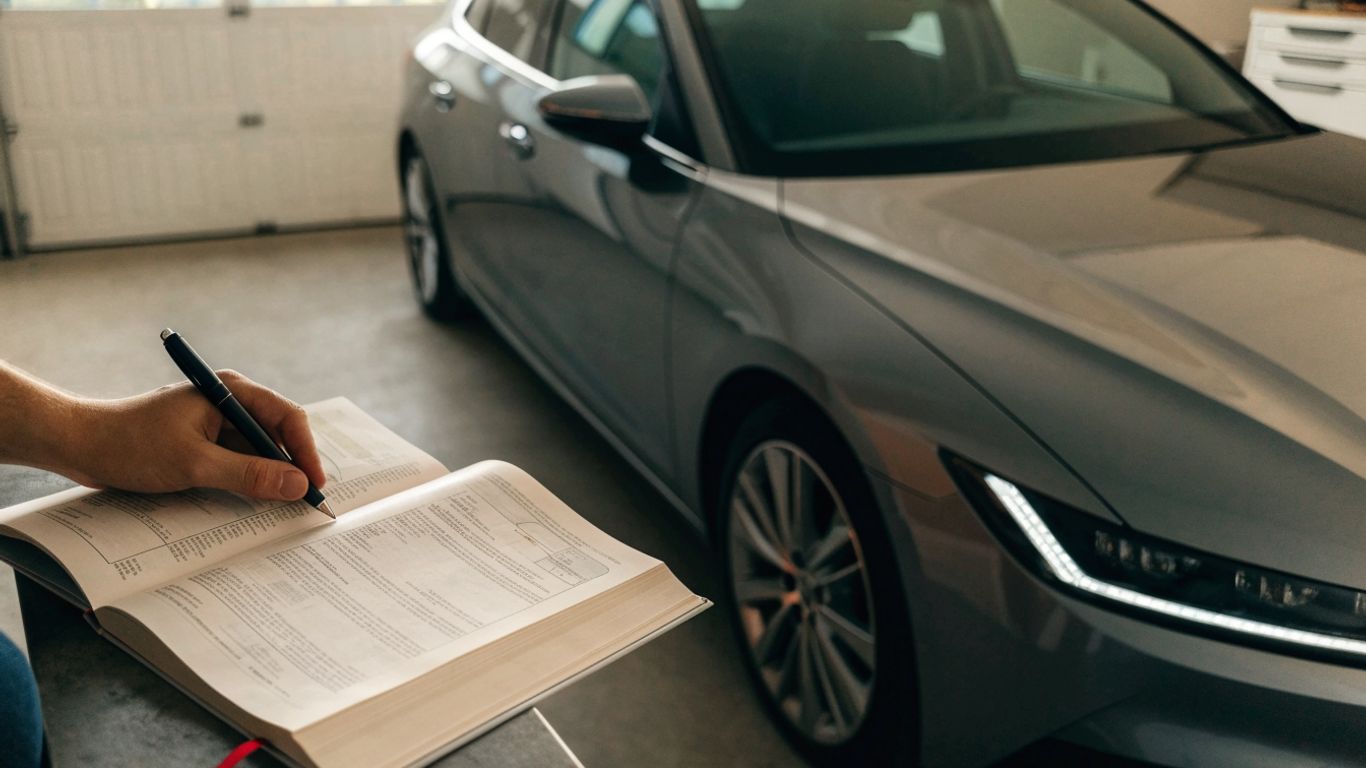 Vehicle maintenance booklet beside an open engine bay