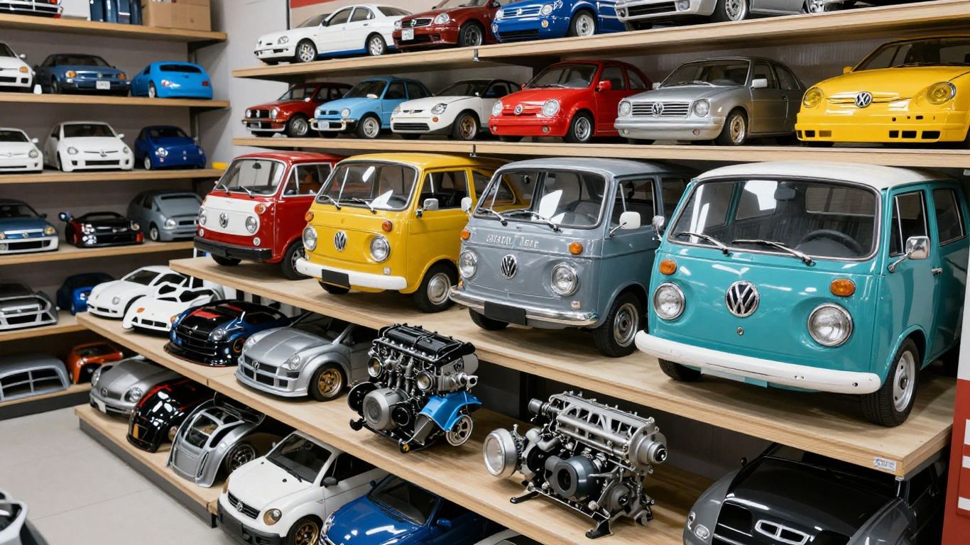 VW car parts displayed in an auto parts store.