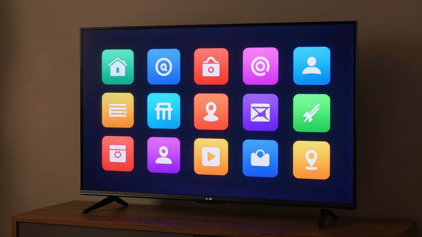 Modern TV screen with colorful IPTV channel icons.