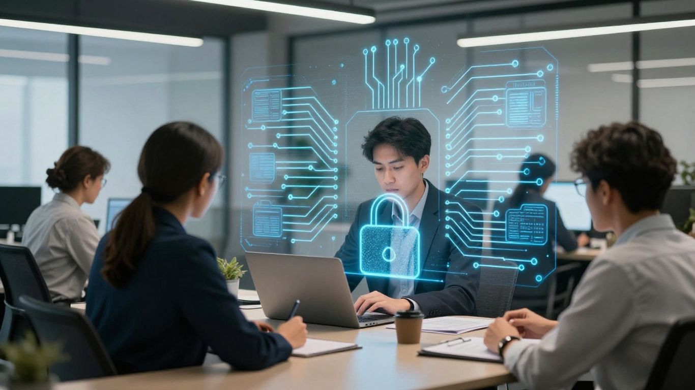 Brisbane business office with digital security overlay
