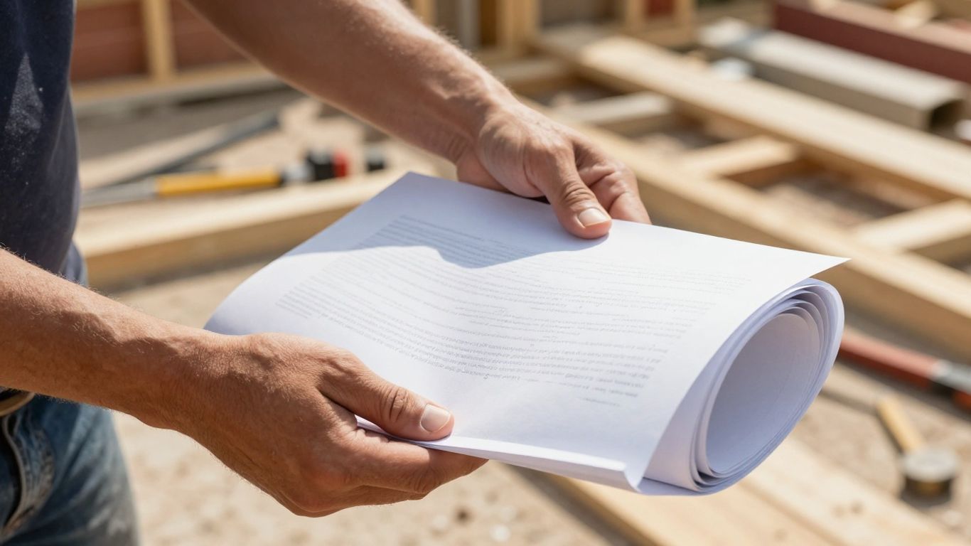 Contractor holding pre-lien notice document at construction site.