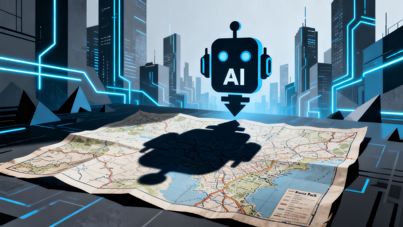 AI robot overshadowing a map pack in a digital cityscape.
