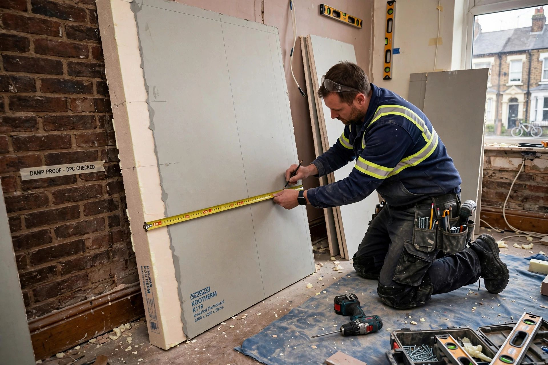 A tradesperson measuring and fixing insulated plasterboard to the inside of a solid external wall in a Bristol home