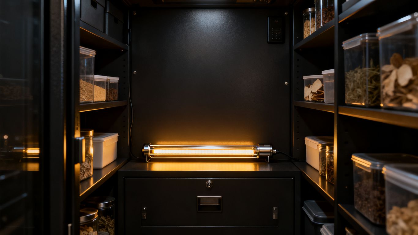A compact dehumidifier rod inside a safe