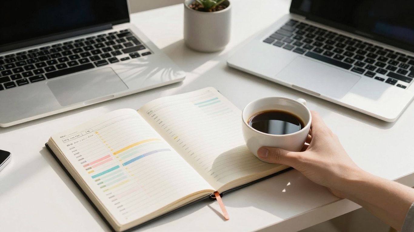 Desk with planner, coffee, and laptop for focus blocks.