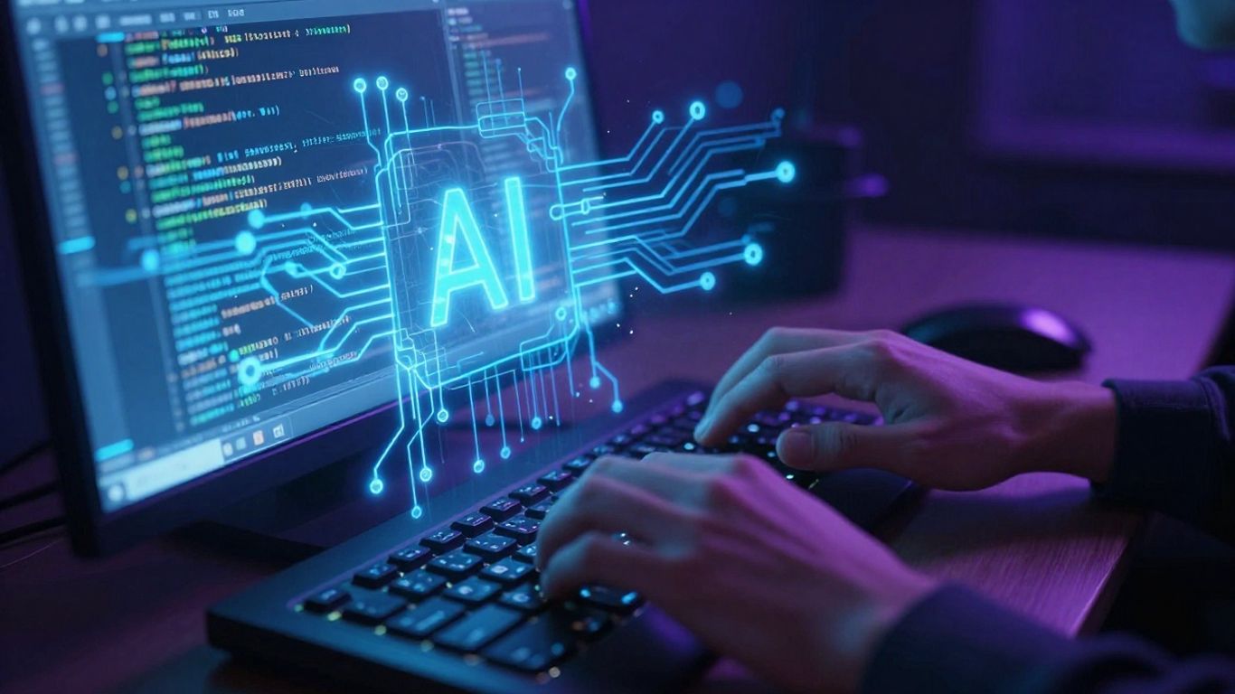 Hands coding with futuristic AI circuits glowing around screen.