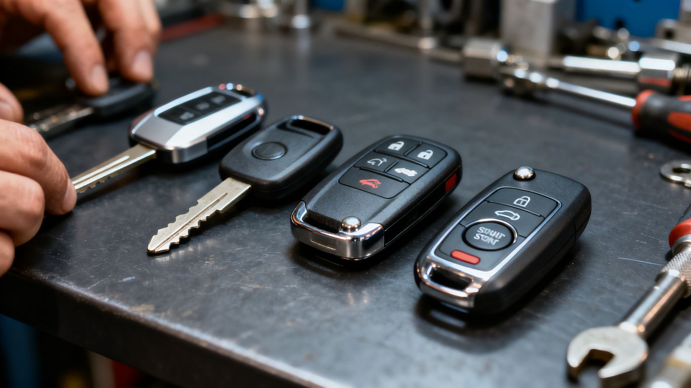 Different car key types beside vehicle controls