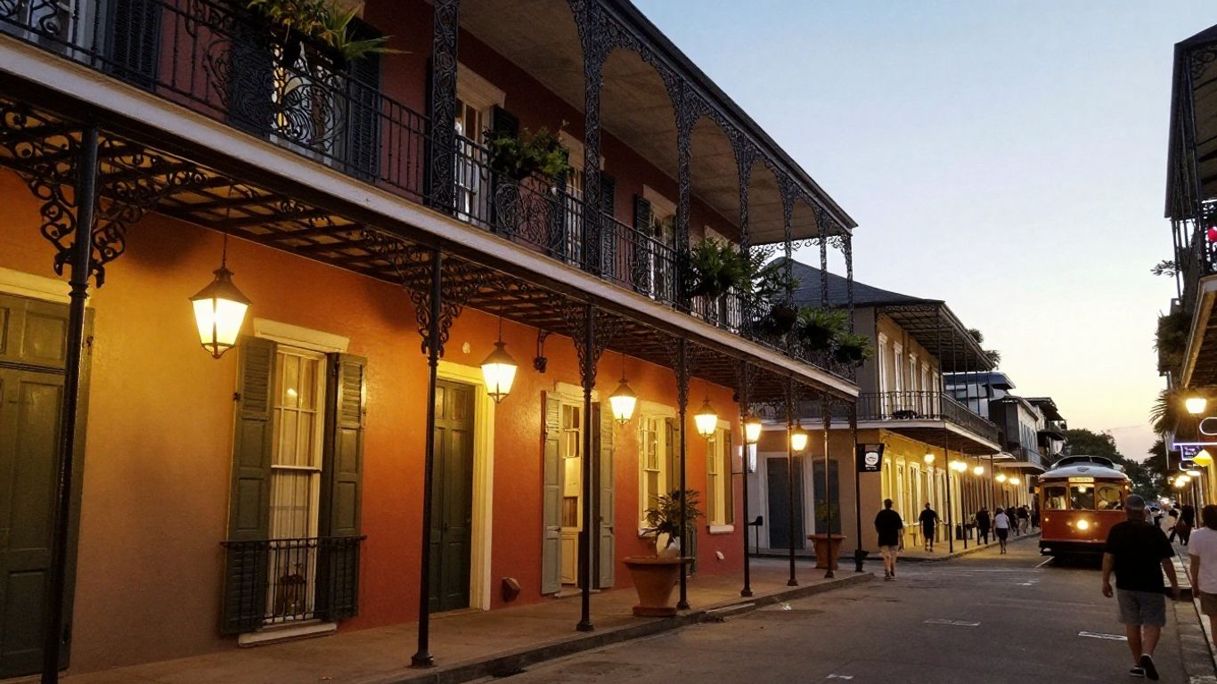 New Orleans street with balconies and evening lights