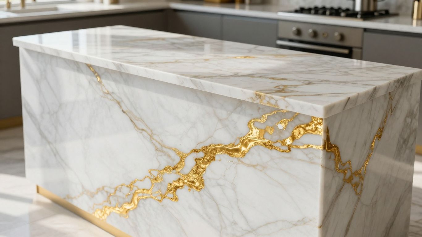 Calacatta Gold marble kitchen worktop with gold veining.