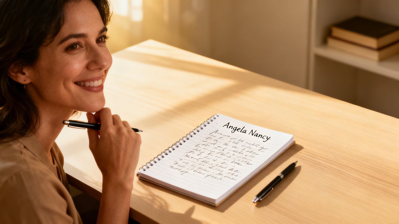 Woman writing in a notebook with a pen.