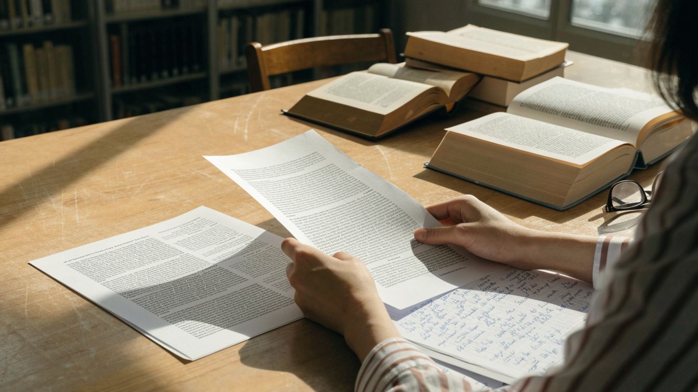 Reader reviewing essays with source books nearby