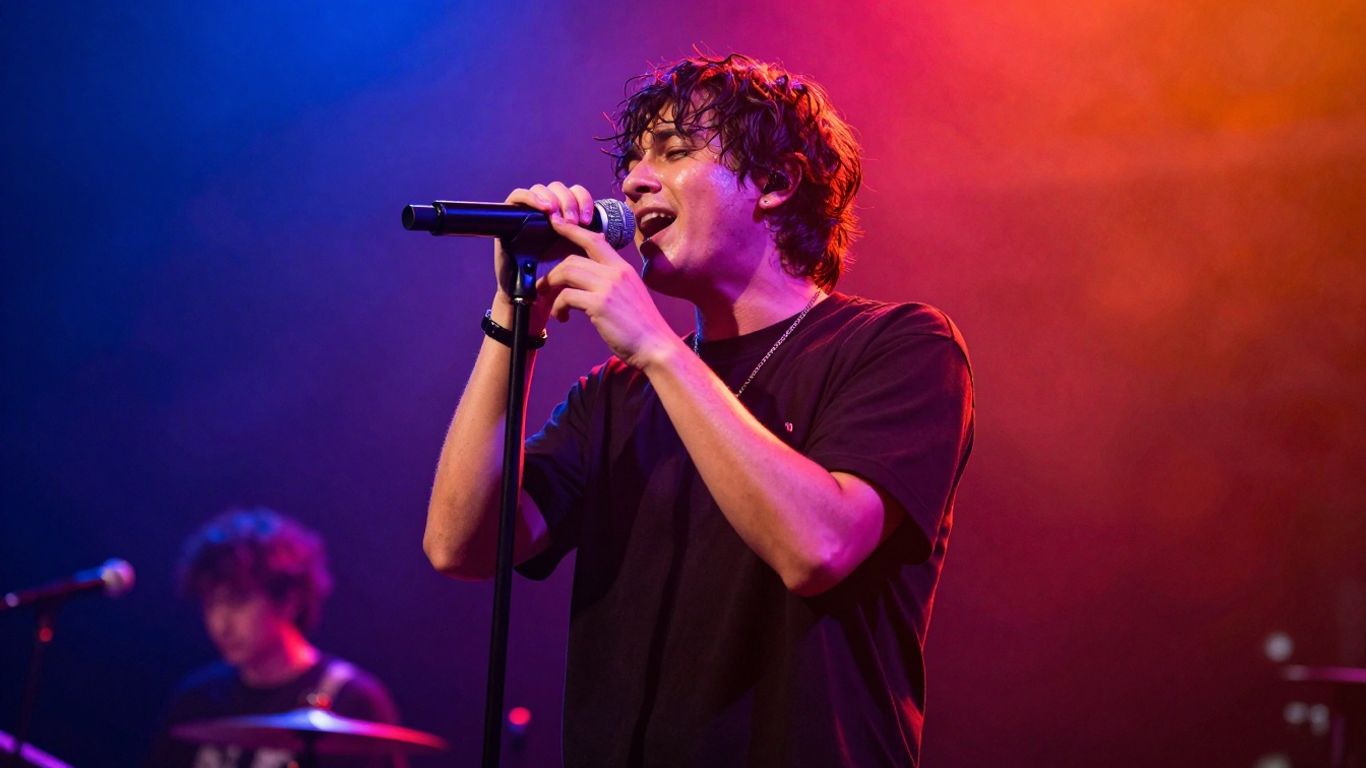 Musician performing on stage with colorful lights