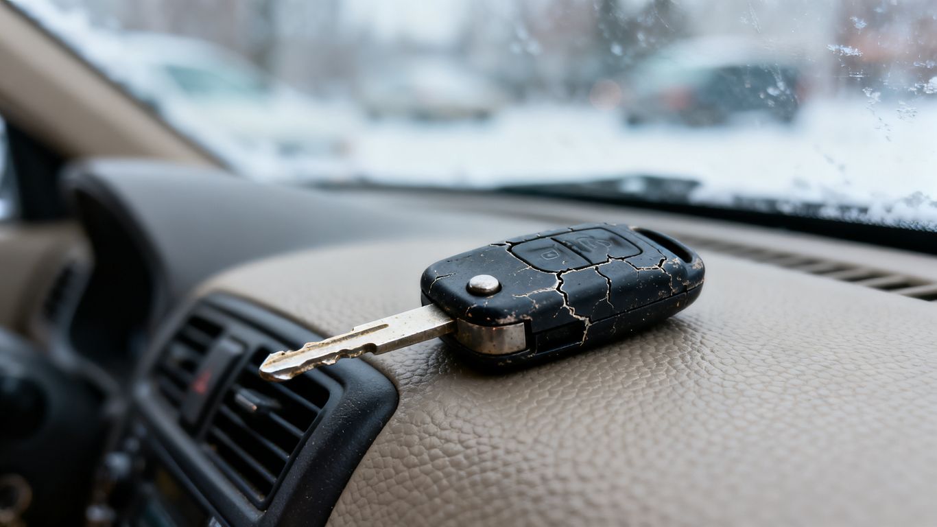 Damaged car key and remote fob near a vehicle