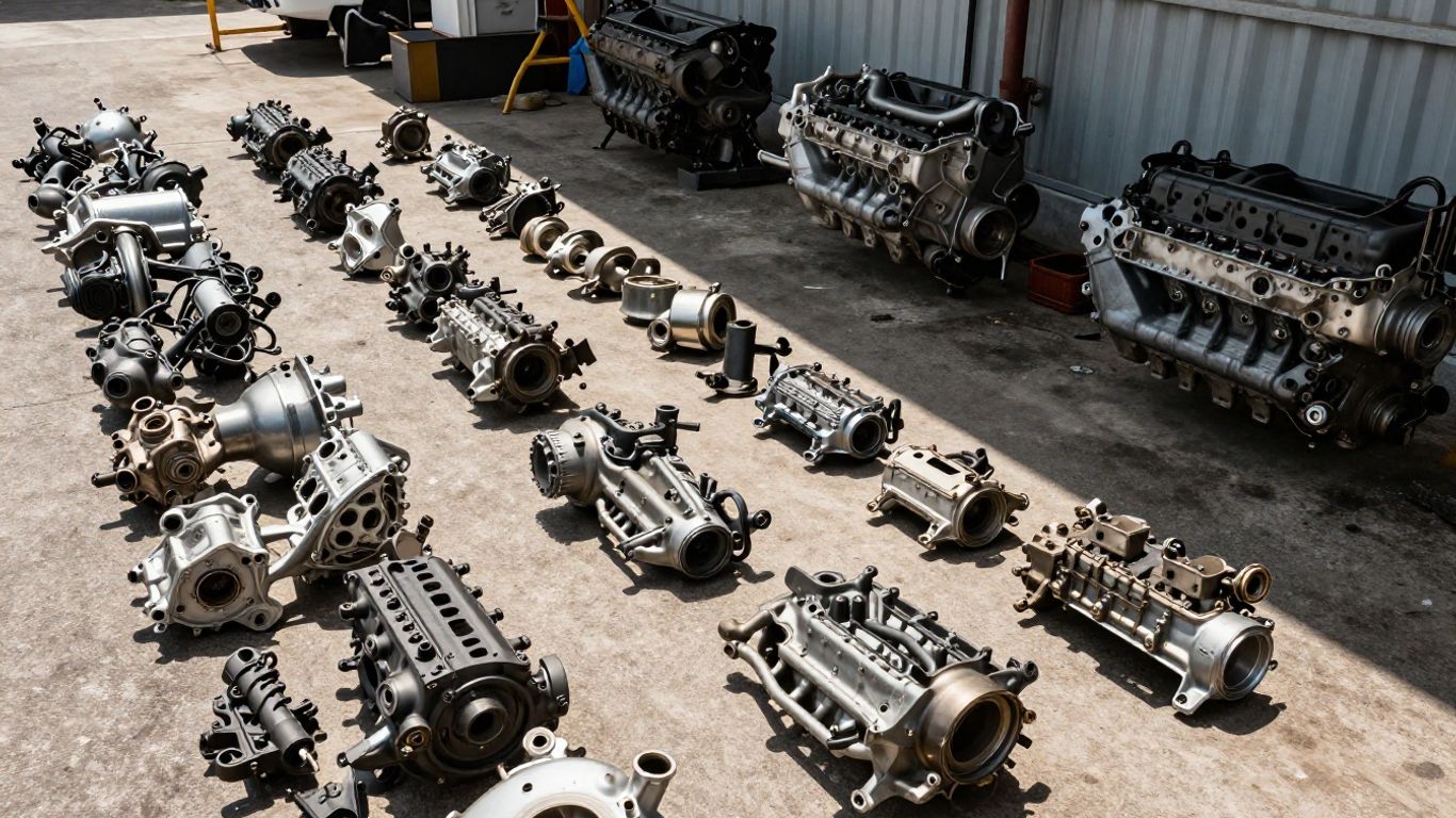 Used car engines and transmissions at a wrecking yard.
