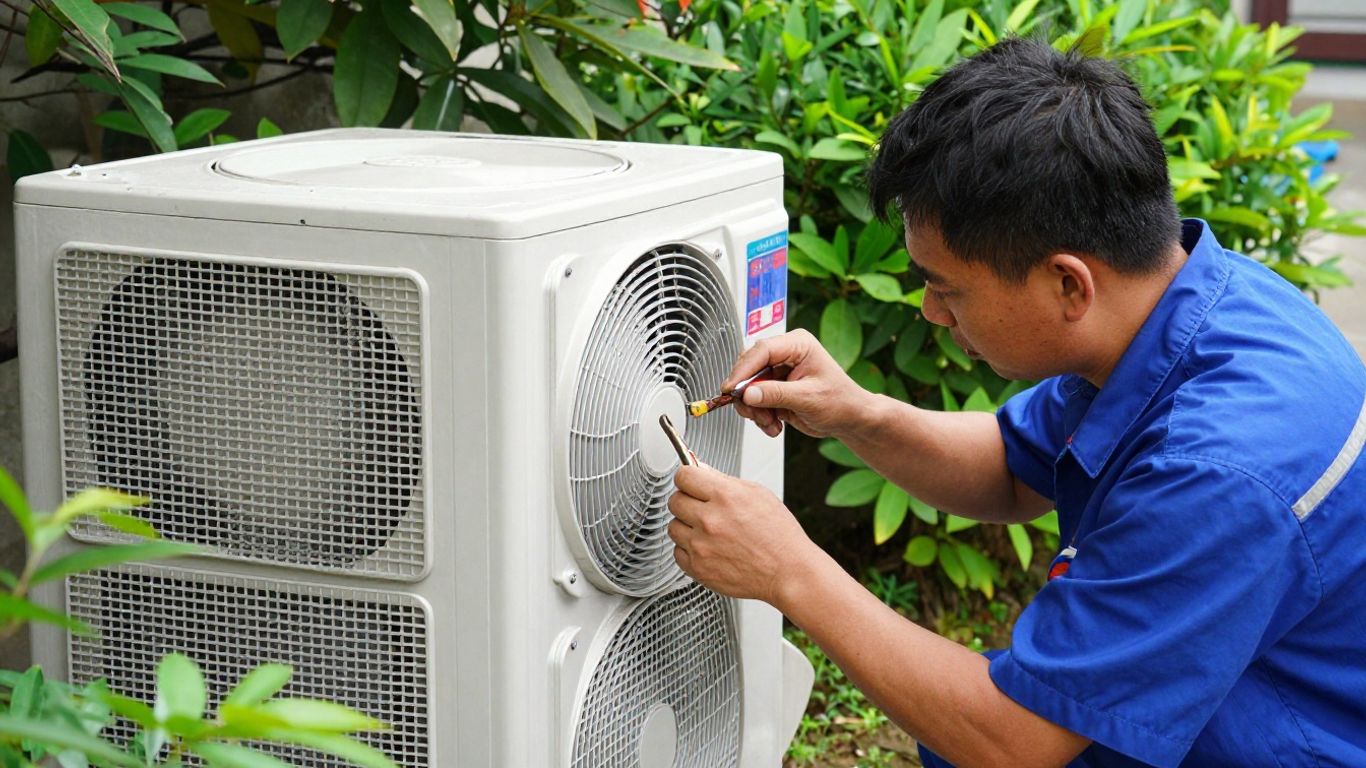 AC repair technician working on an outdoor unit.