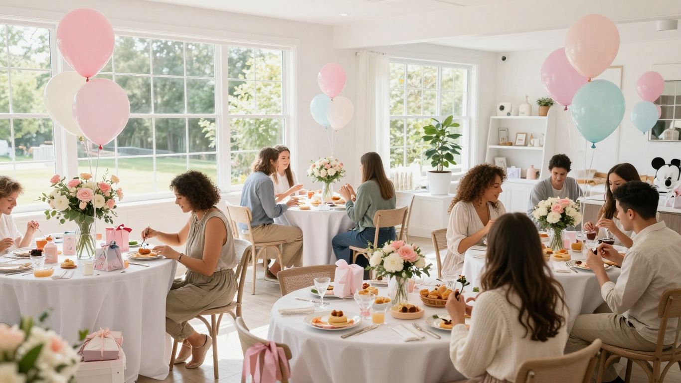 Festive baby shower venue with balloons and gifts.