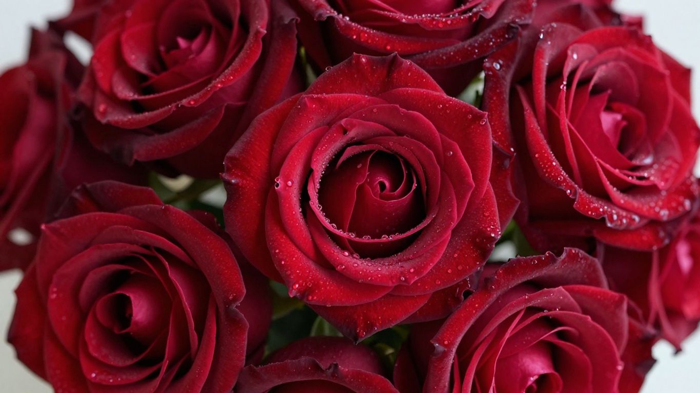 Dark red roses with dewdrops, romantic floral arrangement.