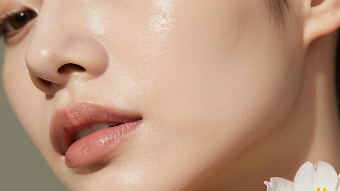 Woman's glowing skin with natural botanical accents.