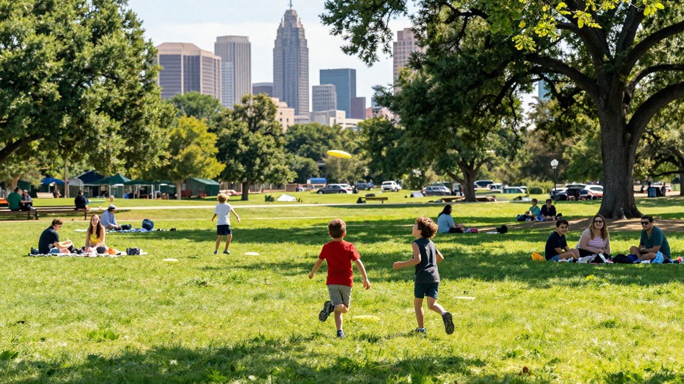 Family enjoying a sunny day at Zilker Park, Austin.