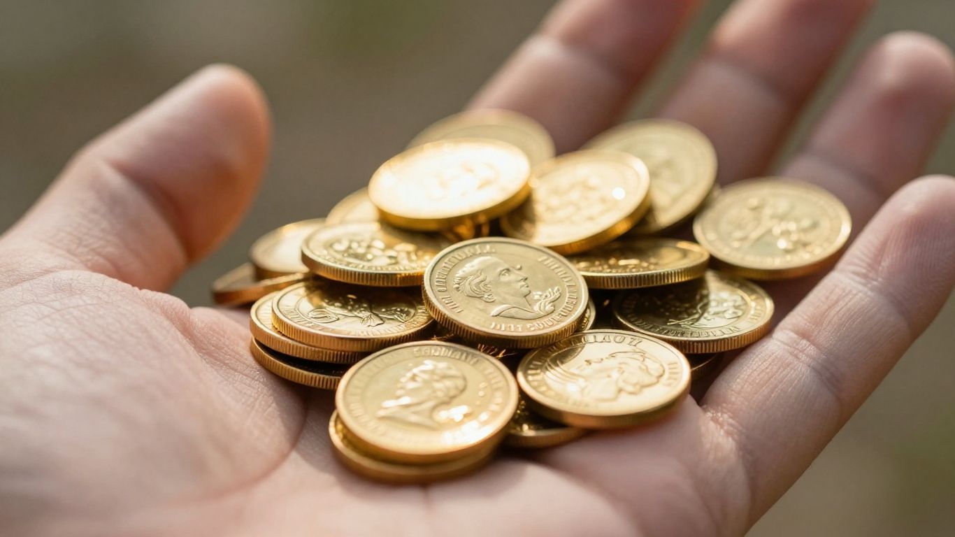 Una mano dorada sosteniendo monedas y lingotes de oro.