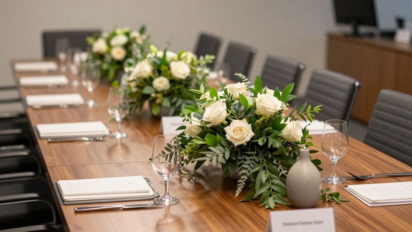 Elegant corporate event tables with floral arrangements