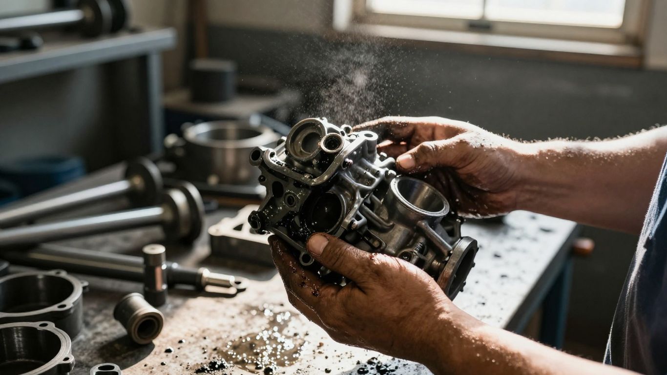 Mechanic holding a car transmission part in a workshop.