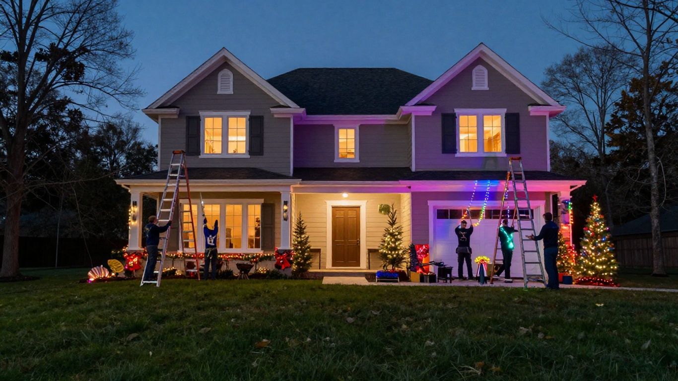 Installers hanging Christmas lights on a festive house