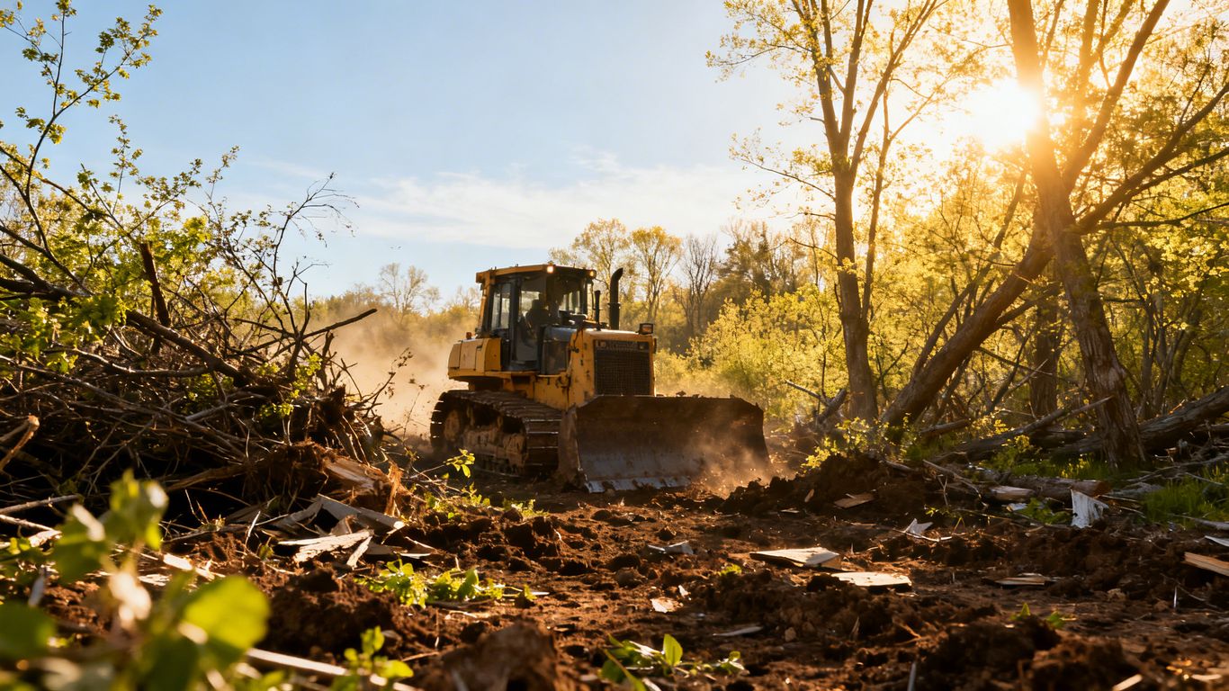 Bulldozer clearing land in a green, sunny environment.